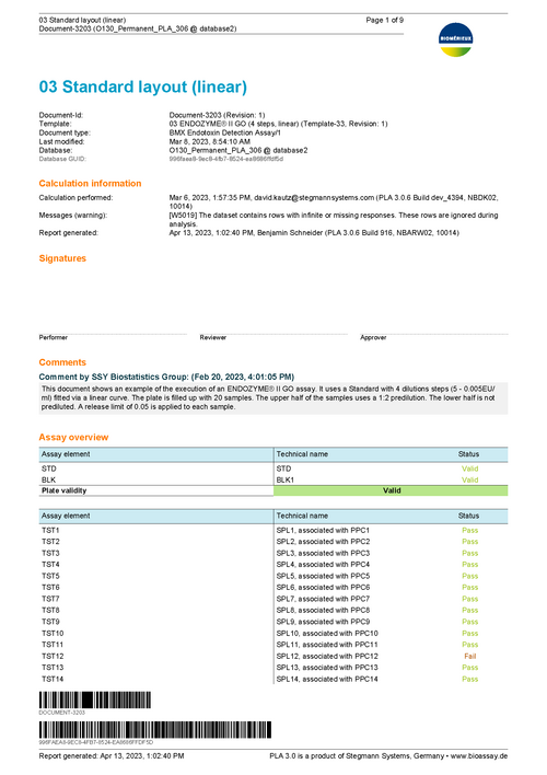 Picture of an excerpt from the PLA 3.0 Sample Report for a bioMérieux endotoxin assay using the linear model page 1