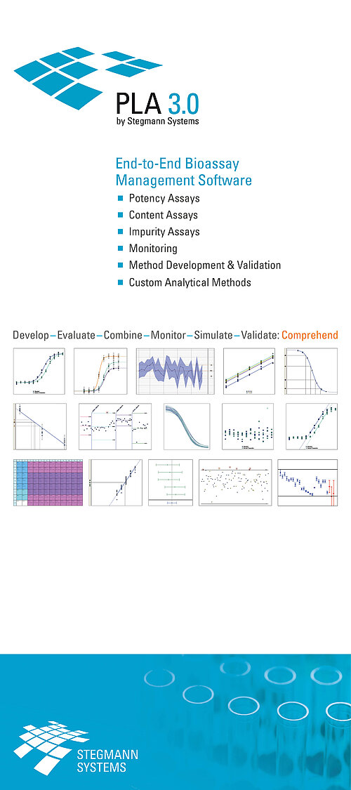 Advertisement Roll-up for PLA 3.0 by Stegmann Systems, a bioassay management software. Features listed include potency, content, and impurity assays, monitoring, method validation, and custom analytics. Below, various scientific graphs and data visualizations are displayed. The bottom section has a blue background with test tubes and the Stegmann Systems logo.
