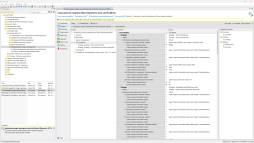 Screenshot of the PLA 3.0 software interface displaying the 'Equivalence margin development and verification' document within the Dose-response analysis package. The left pane shows a folder structure with highlighted sections under 'Sample data (2.0)' leading to 'Equivalence margin development.' The central pane shows detailed test strategies and margin values, including 'Strategy 1: Point estimate tests' and 'Strategy 2: Equivalence and ANOVA term tests,' listing upper and lower margin values for various parameters.